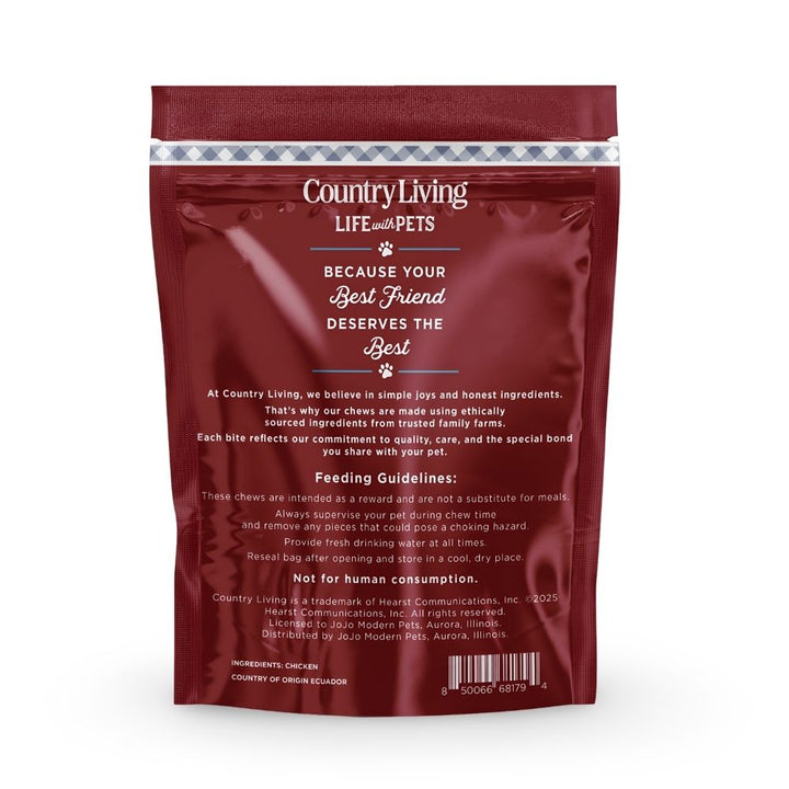 Country Living chicken sausage dog chews bag back, single ingredient, 15-count