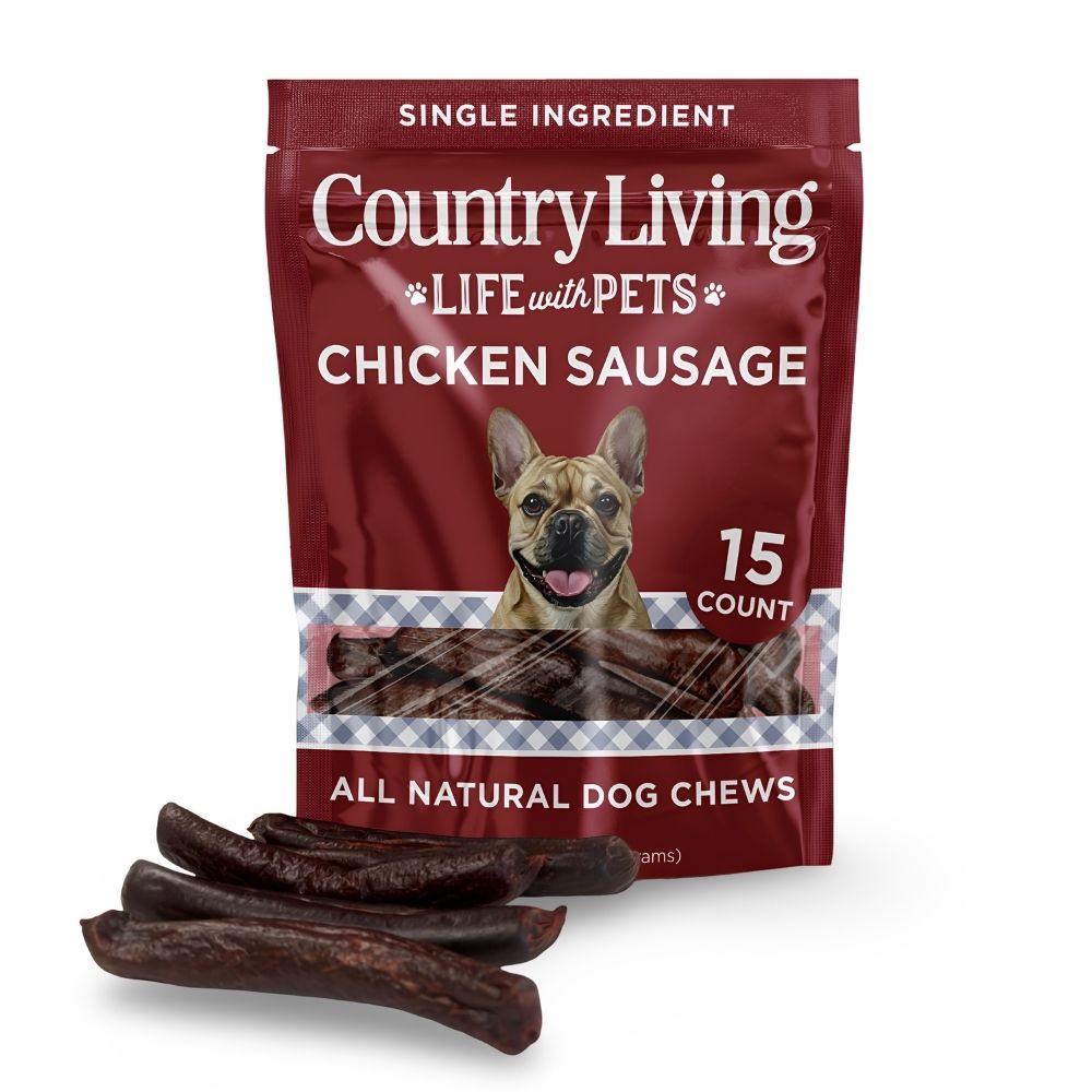 Country Living chicken sausage dog chews bag with dark treats, 15-count