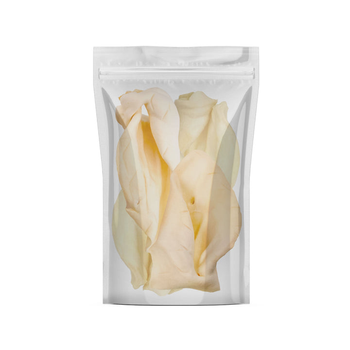 Stand-up pouch of off-white cow ear dog treats