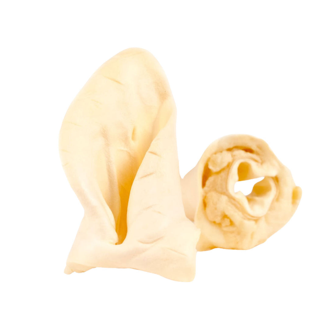Off-white cow ear dog treats, single piece with curled shape
