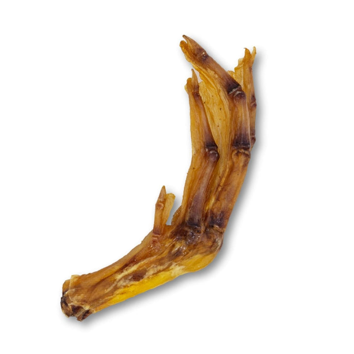 Duck foot dog treat chew, single dried curved foot-shaped piece