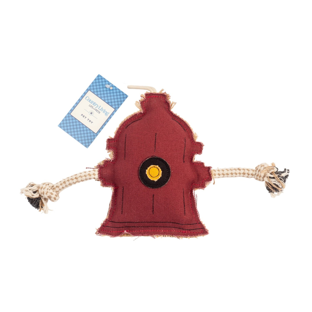 Maroon fire hydrant-shaped dog chew toy with jute rope handles