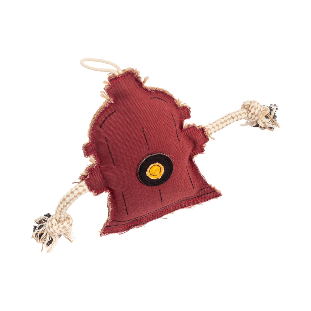 Maroon fire hydrant dog chew toy with jute rope tug straps and loop