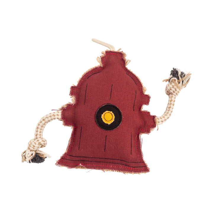 Maroon fire hydrant dog chew toy with yellow-ring center patch and rope arms