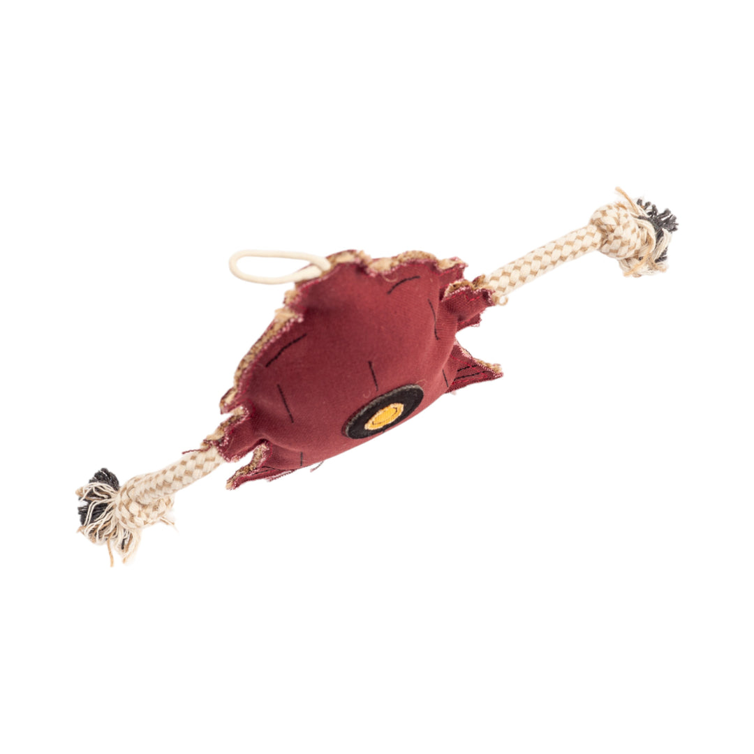 Maroon fire hydrant dog chew toy with jute rope tug straps