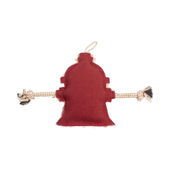 Maroon fire hydrant-shaped dog chew toy with two jute rope arms