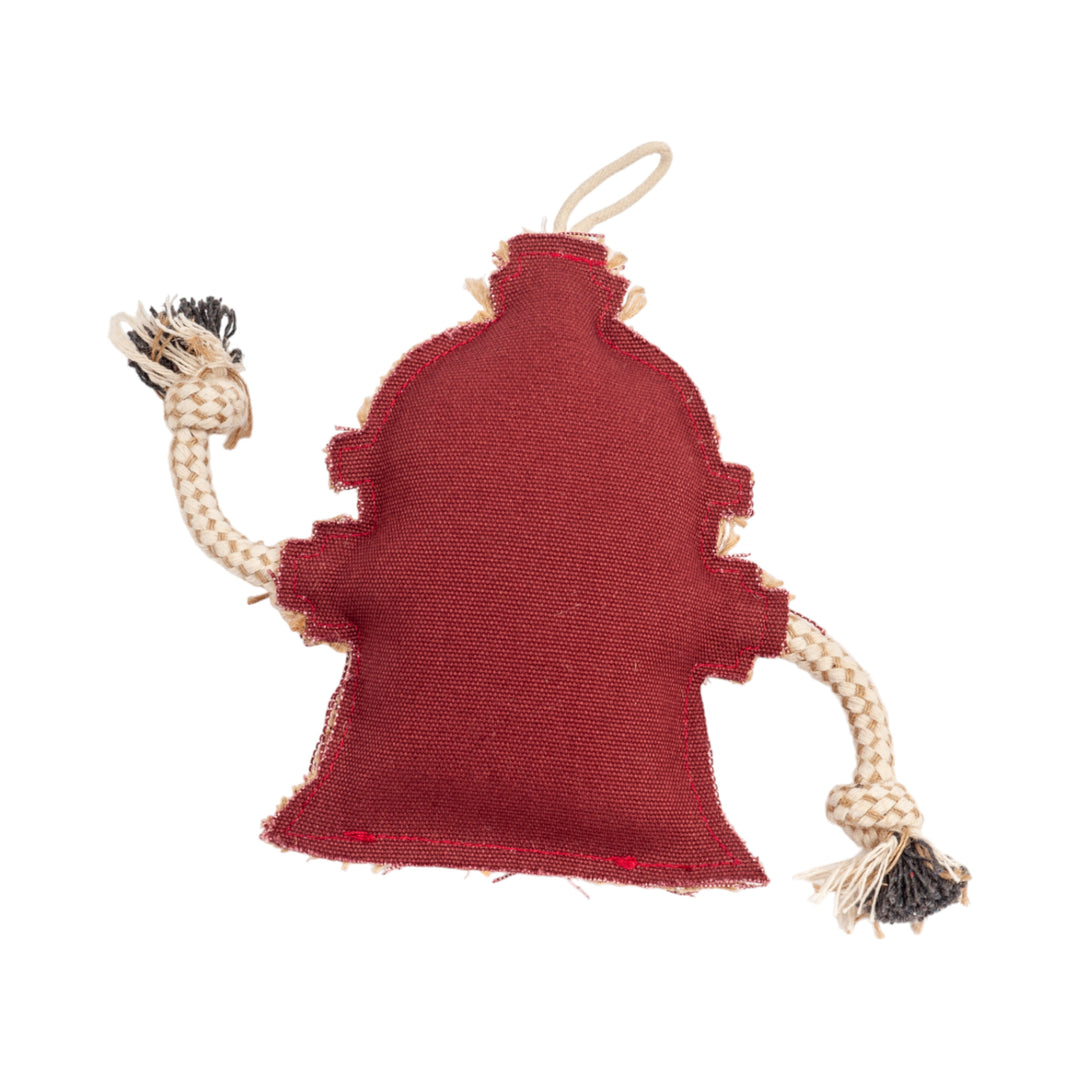 Maroon fire hydrant dog chew toy with top loop and jute rope straps