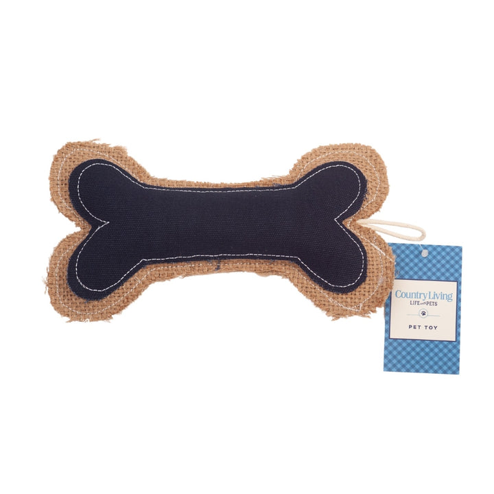 Bone-shaped dog chew toy with dark navy center and tan jute exterior, stitched edges