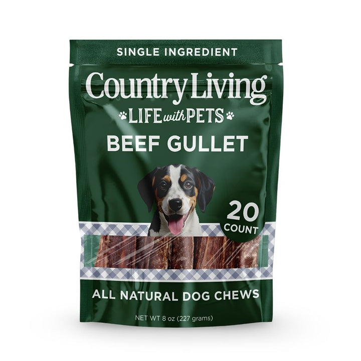 Bag of beef gullet dog chews, 20-count, with front branding and dog photo