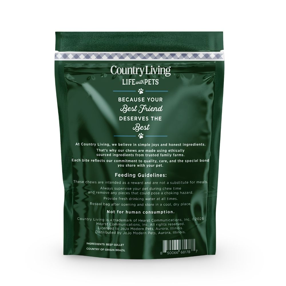 Back of beef gullet dog chews bag with feeding guidelines and ingredients text