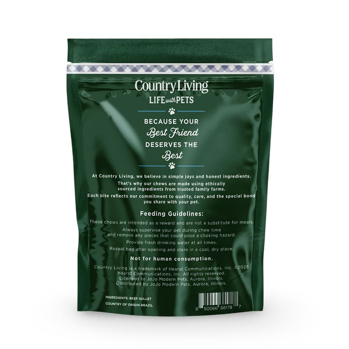 Back of beef gullet dog chews bag with feeding guidelines and ingredients text