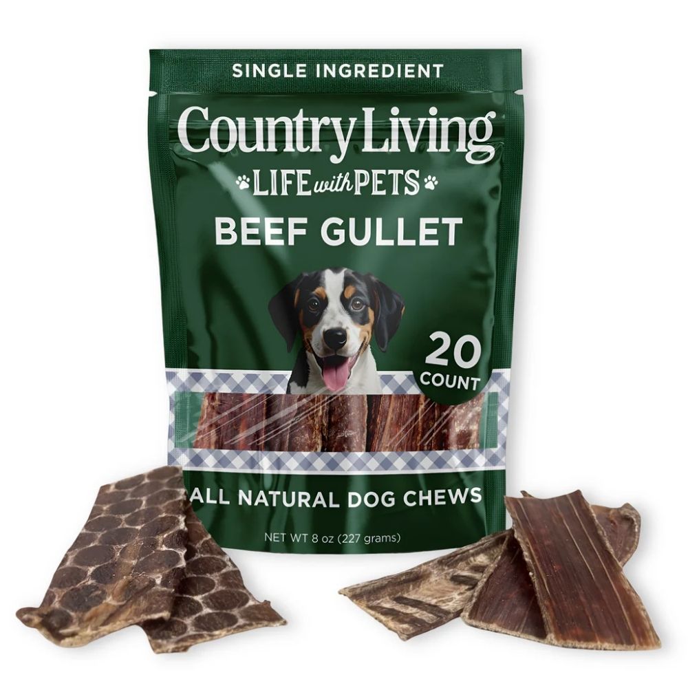 Beef gullet dog chews 20-count package with several flat brown chew pieces