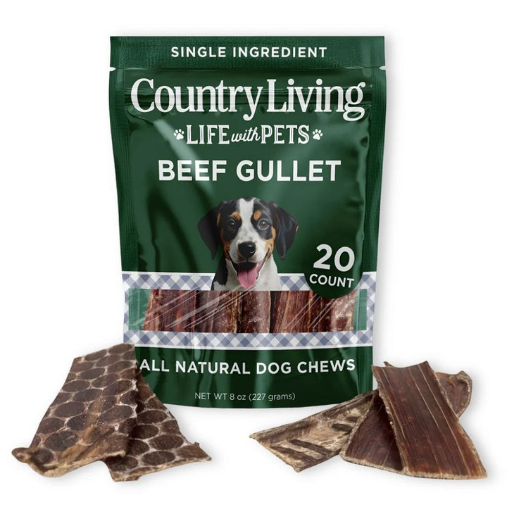 Beef gullet dog chews 20-count package with several flat brown chew pieces