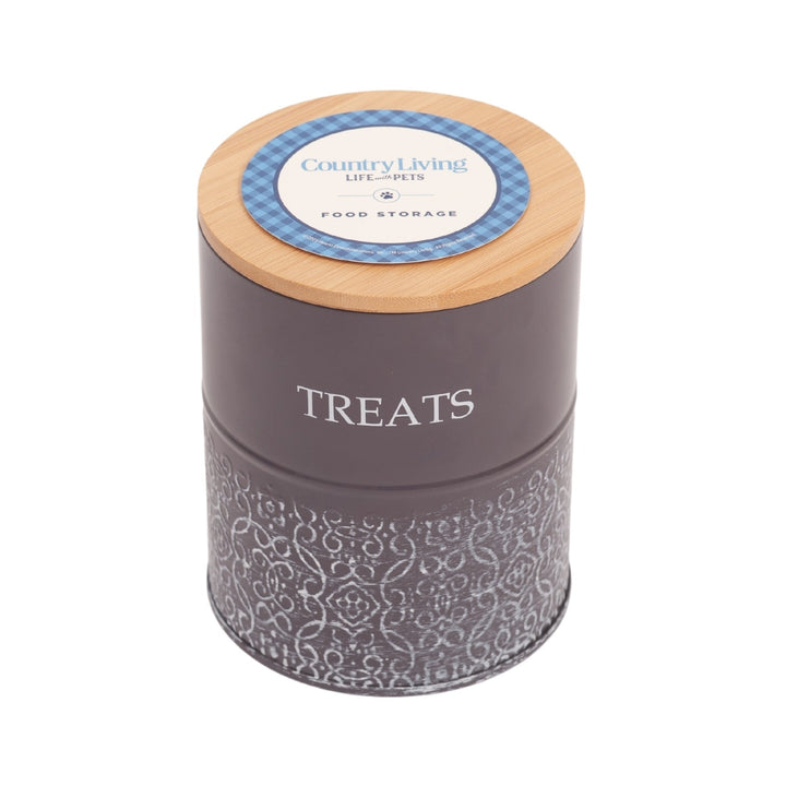 Dark gray dog treat canister with bamboo lid and embossed &