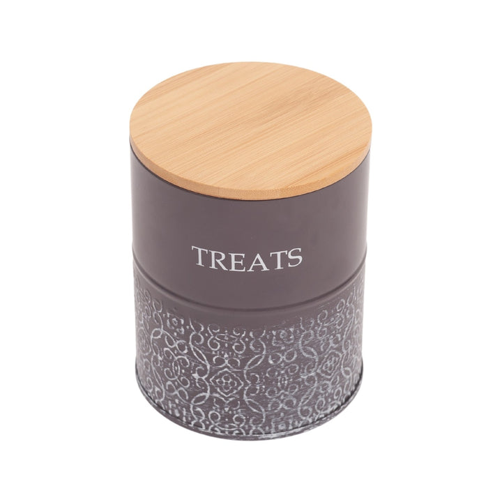 Dark gray dog treat canister with light bamboo lid and embossed &