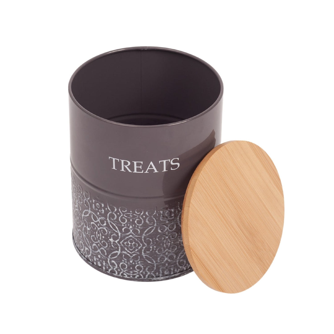 Dark gray dog treat canister with bamboo lid open, embossed &