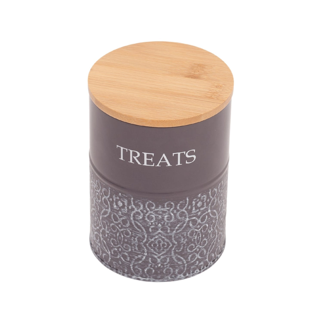 Dark gray dog treat canister with bamboo lid, embossed &