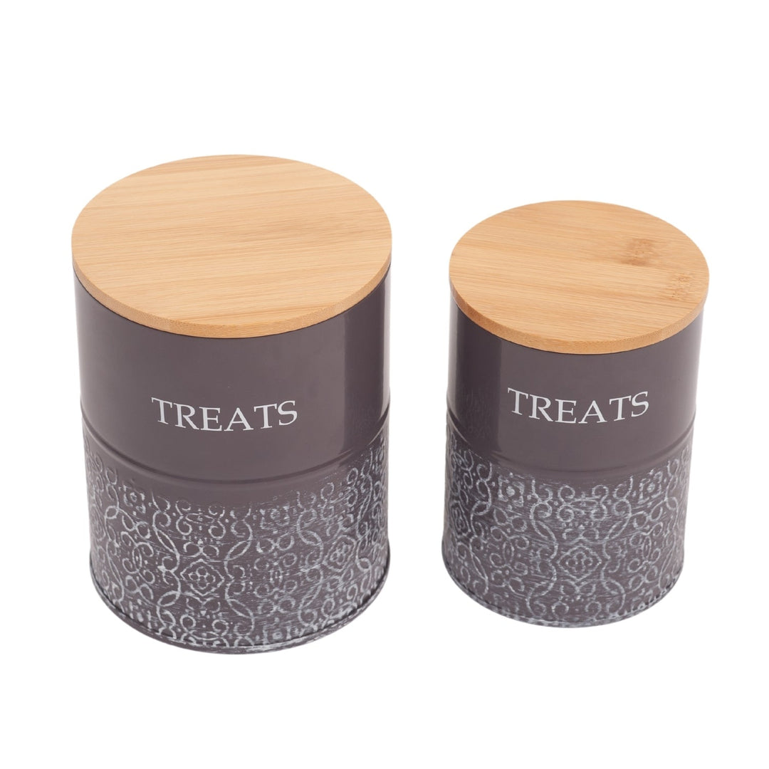 Pair of dark gray dog treat canisters with bamboo lids, embossed &