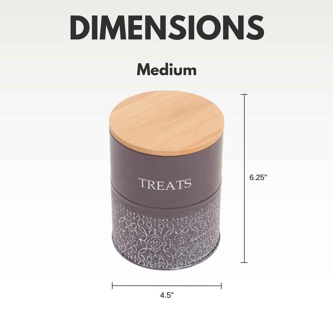 Medium dark gray dog treat canister with bamboo lid; 6.25 in height shown.