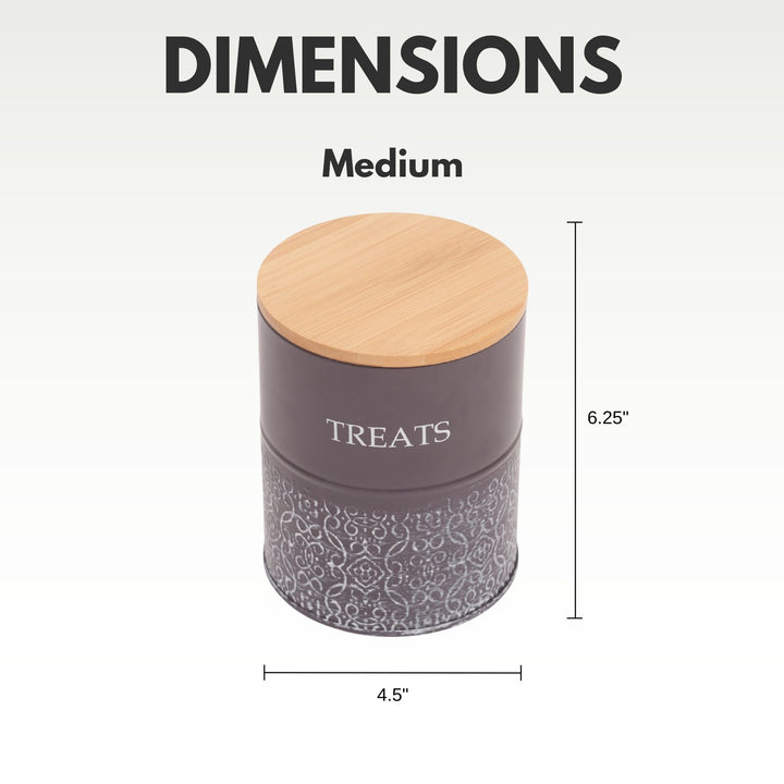 Medium dark gray dog treat canister with bamboo lid; 6.25 in height shown.