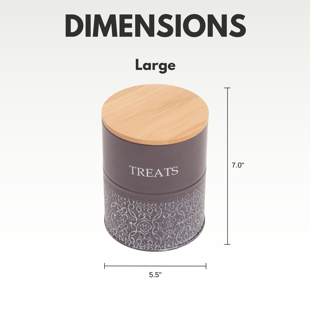 Large dark gray dog treat canister with bamboo lid; 7.0 in height shown.