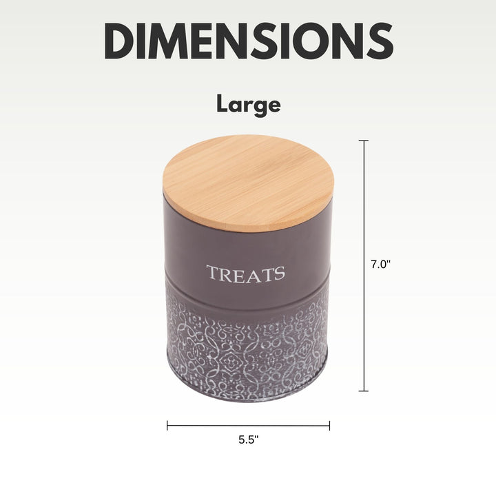 Large dark gray dog treat canister with bamboo lid; 7.0 in height shown.