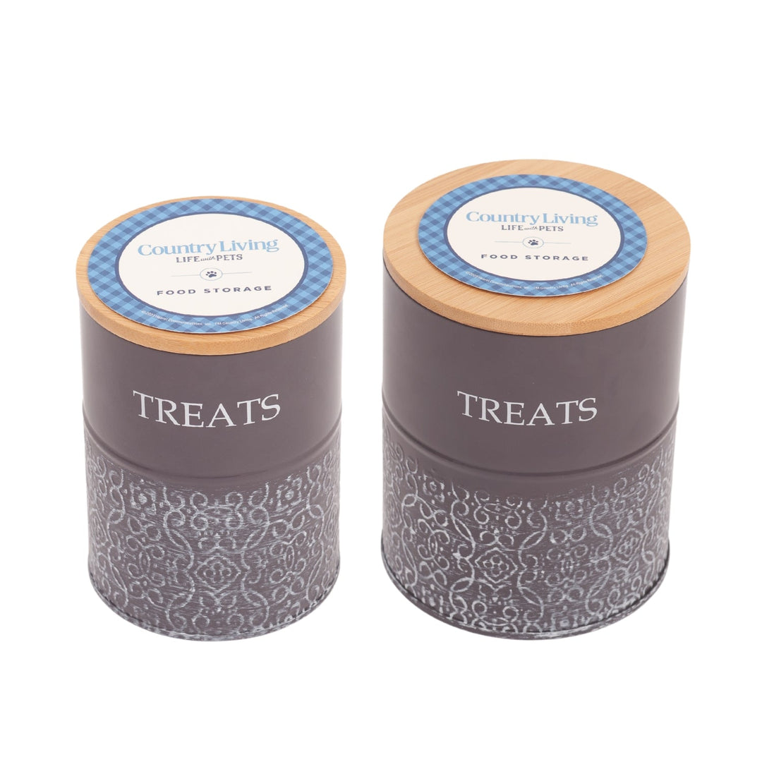 Set of 2 dark gray dog treat canisters with bamboo lids, embossed &