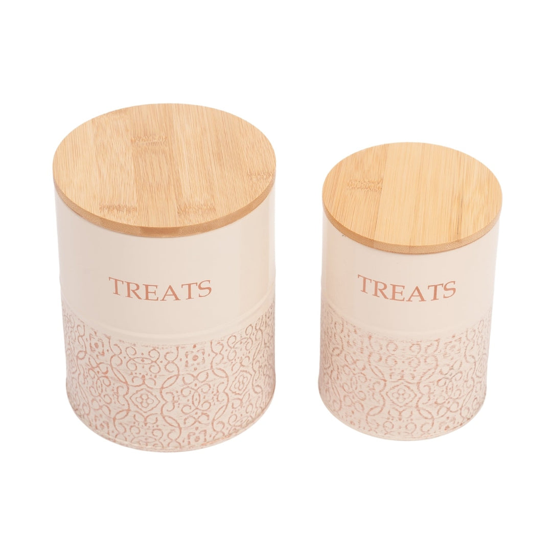 Set of 2 dog treat canisters with bamboo lids, white jars with “TREATS” text