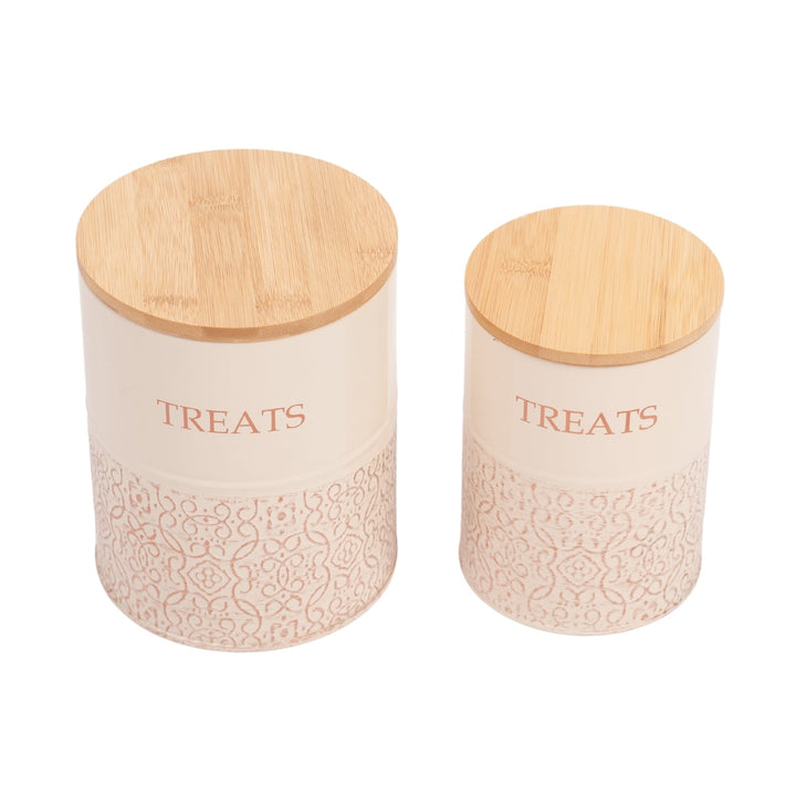 Set of 2 dog treat canisters with bamboo lids, white jars with “TREATS” text