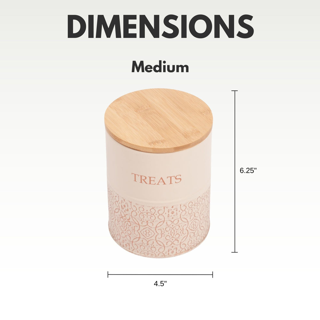 Medium dog treat canister: white carbon steel jar with bamboo lid