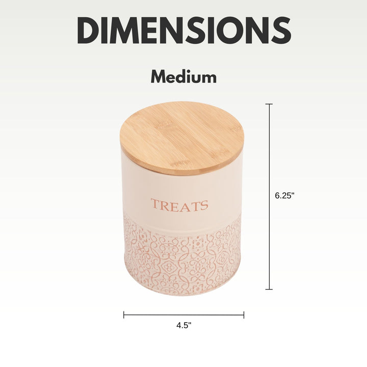 Medium dog treat canister: white carbon steel jar with bamboo lid