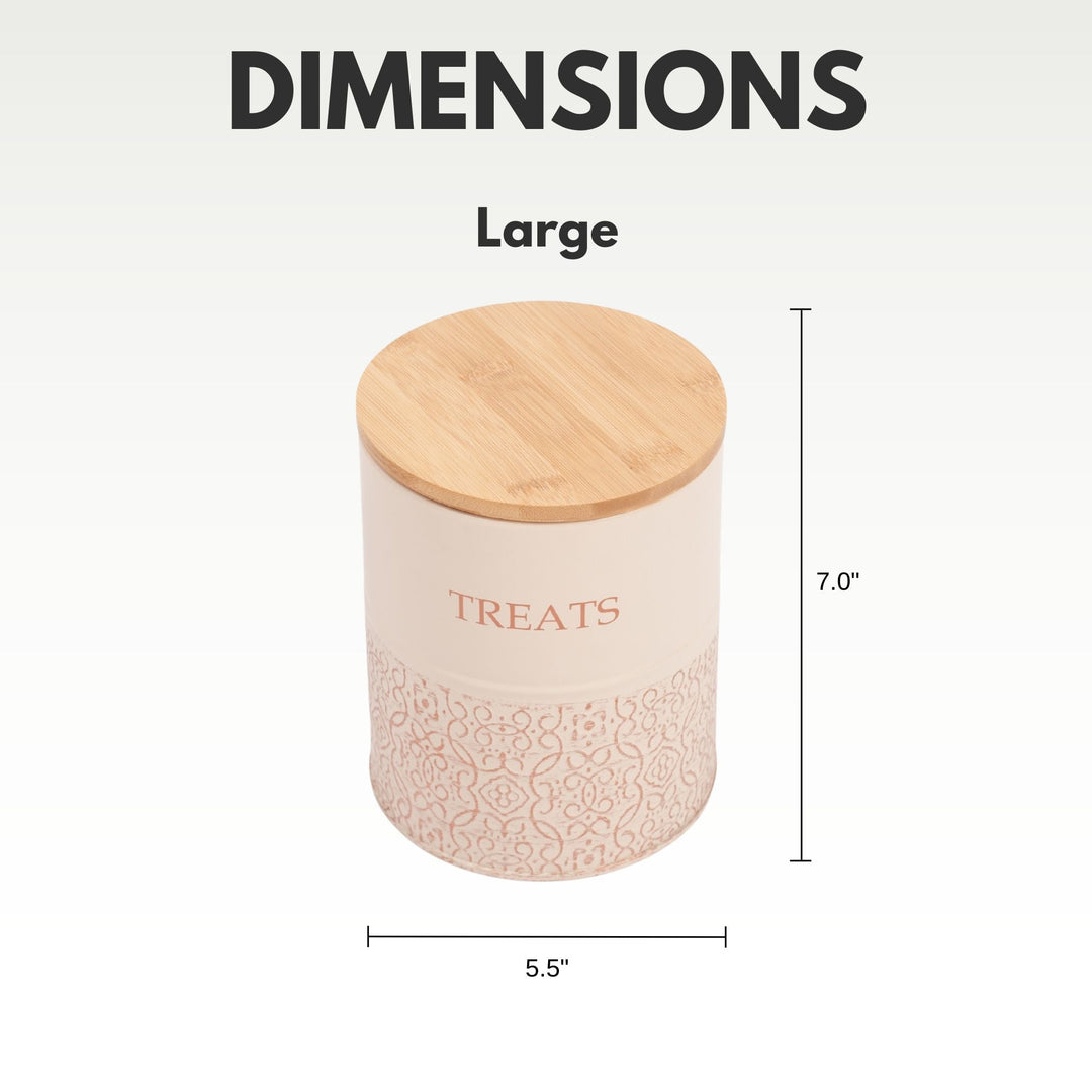 Large dog treat canister: white carbon steel jar with bamboo lid