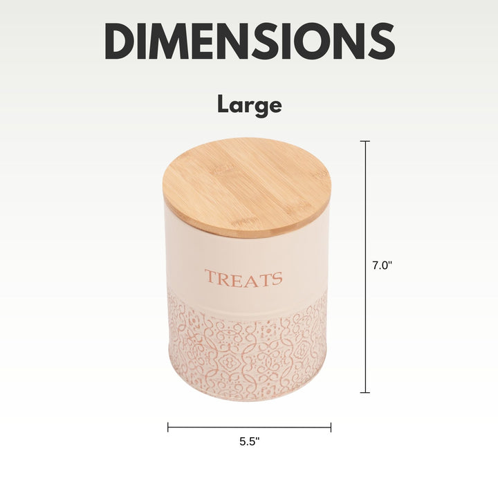 Large dog treat canister: white carbon steel jar with bamboo lid