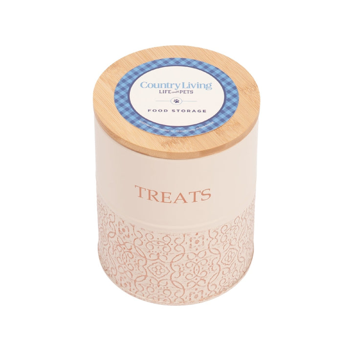 Dog treat canister with bamboo lid, white jar labeled “TREATS” with blue top badge
