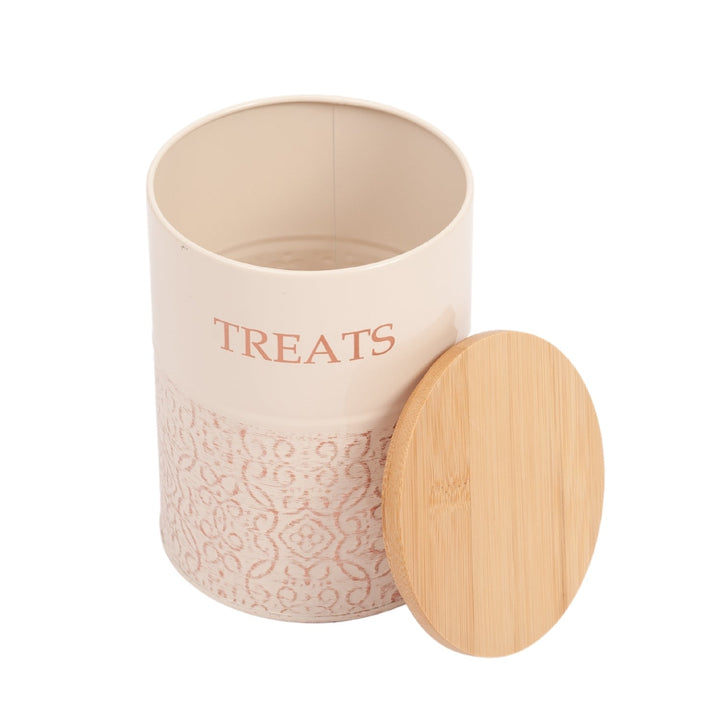 Dog treat canister with bamboo lid partially open, white jar interior visible
