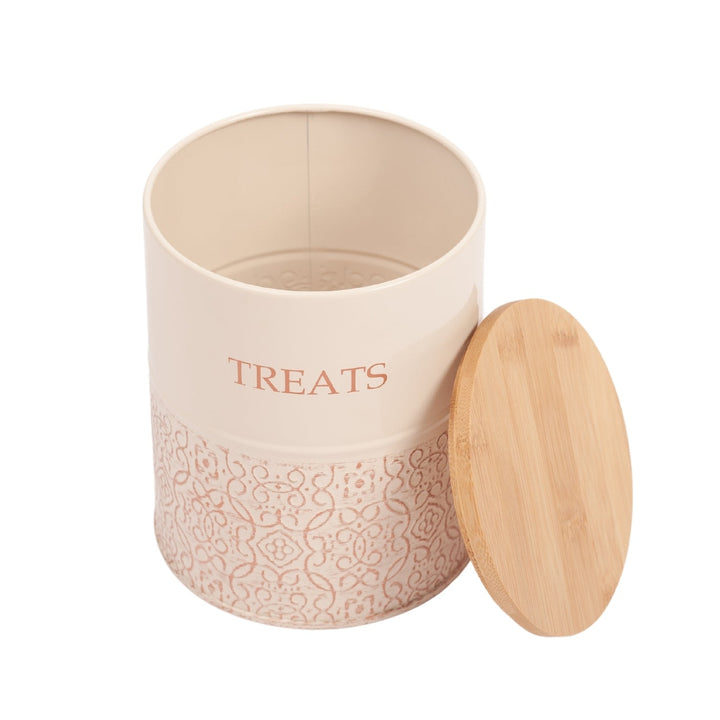 Dog treat canister with bamboo lid tilted open, white container interior shown