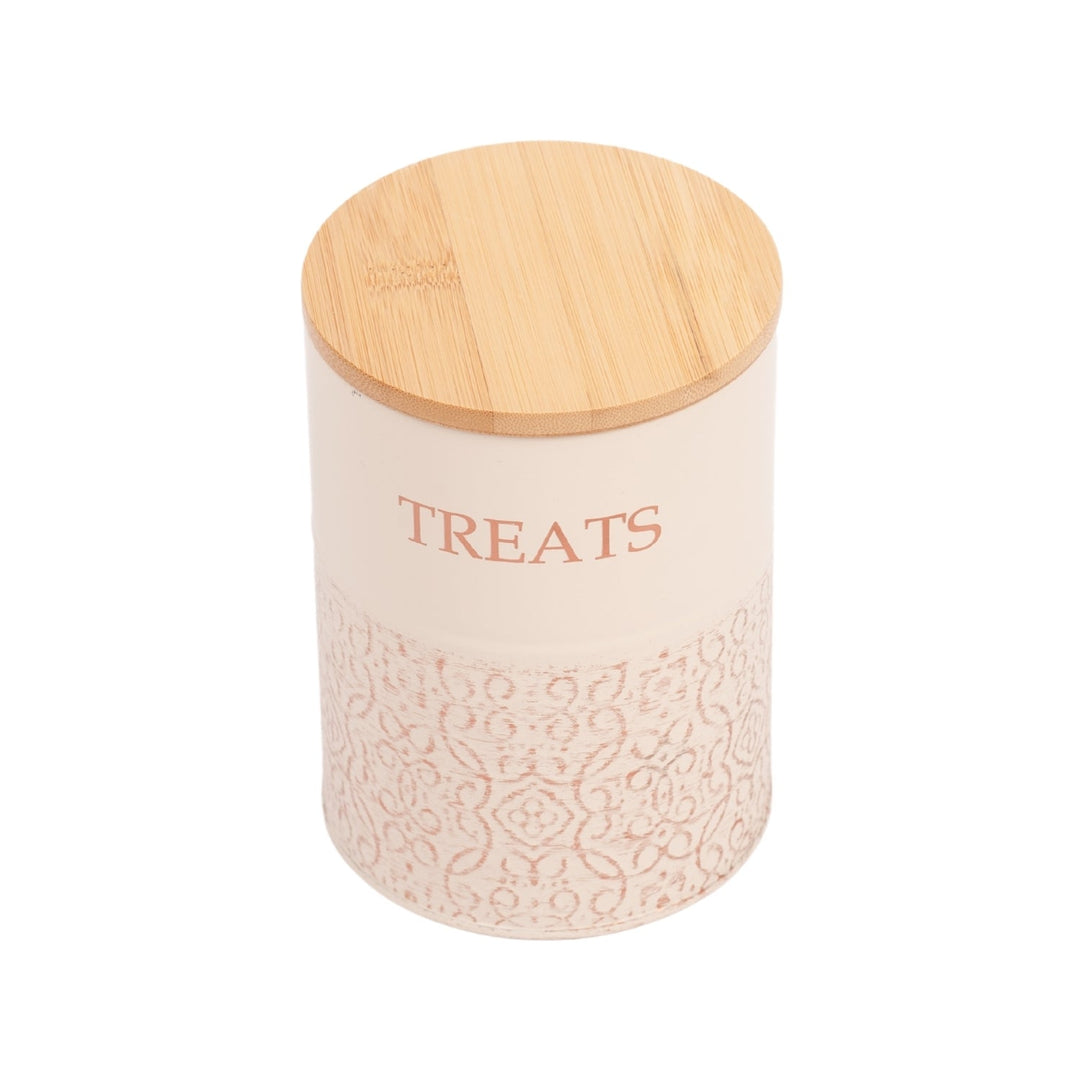 Dog treat canister with bamboo lid, white jar labeled “TREATS”