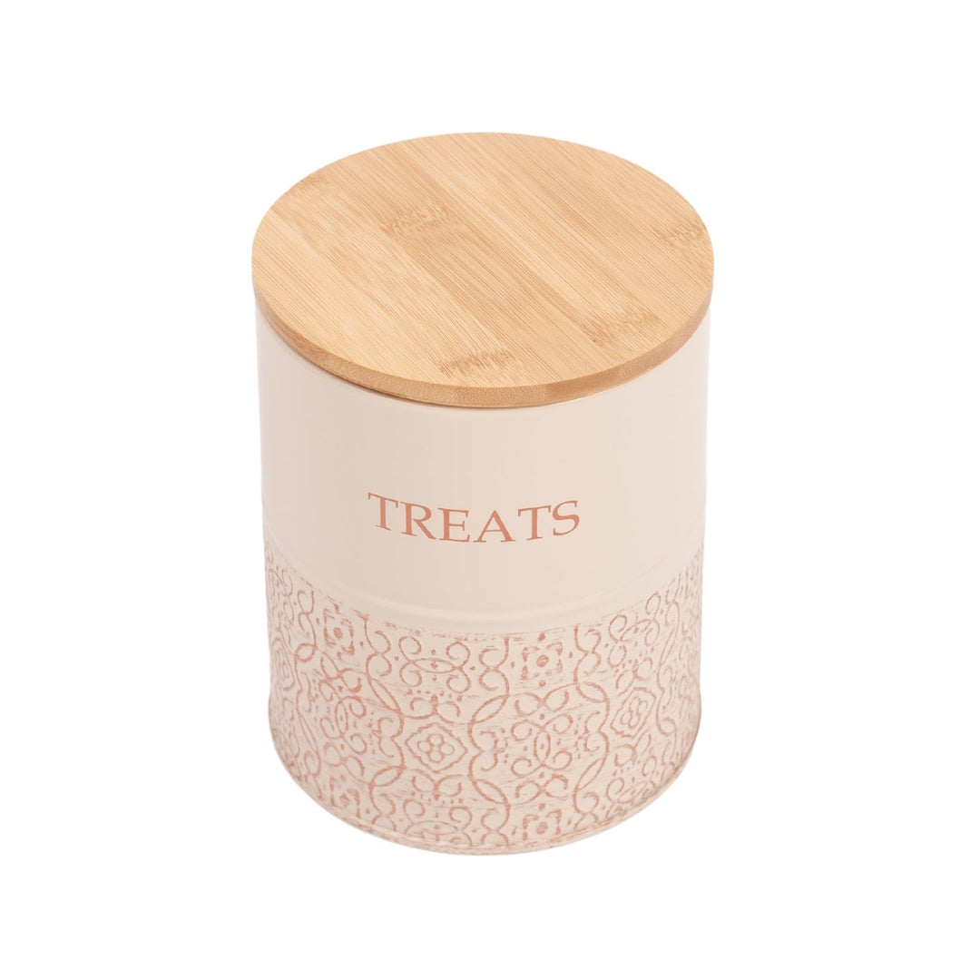Dog treat canister with bamboo lid, white jar with “TREATS” and embossed pattern