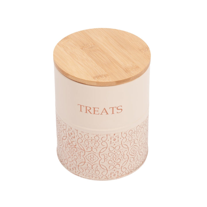 Dog treat canister with bamboo lid, white jar with “TREATS” and embossed pattern