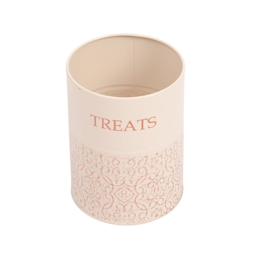 Dog treat canister with lid removed, white interior and “TREATS” label visible
