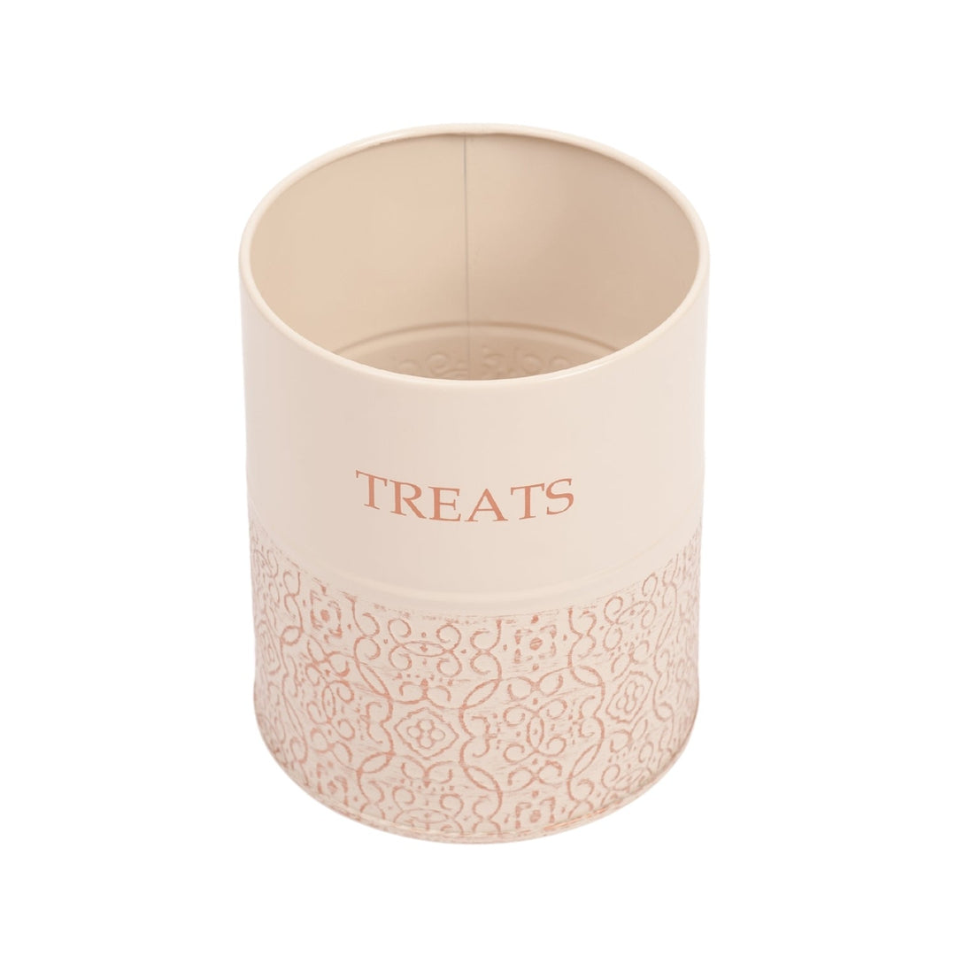Dog treat canister with open top, white jar showing “TREATS” on front