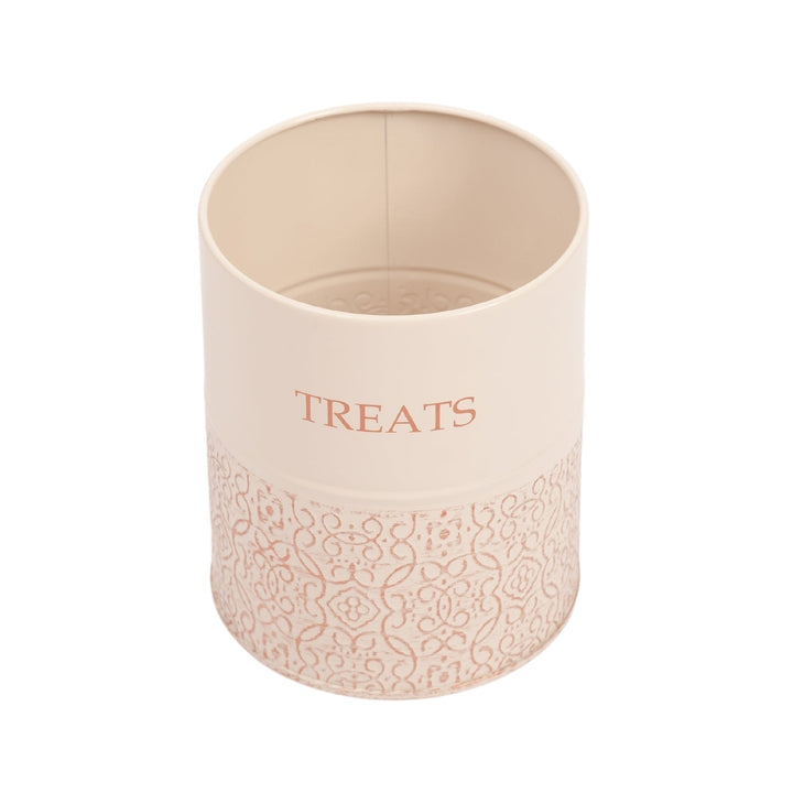 Dog treat canister with open top, white jar showing “TREATS” on front
