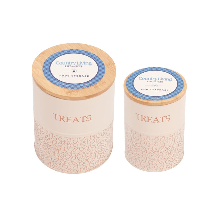 Dog treat canister set of 2 with bamboo lids, white jars marked “TREATS”