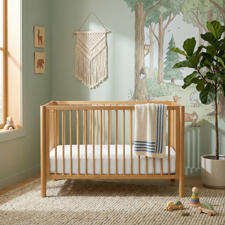 Cloud white crib and toddler fitted sheet with blue stripe detail