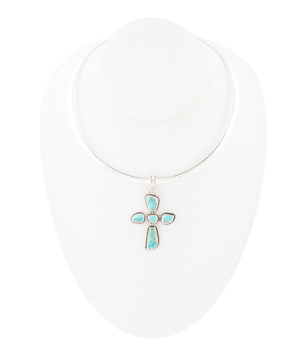 Sterling silver cross pendant necklace with turquoise inlay cross on smooth silver chain