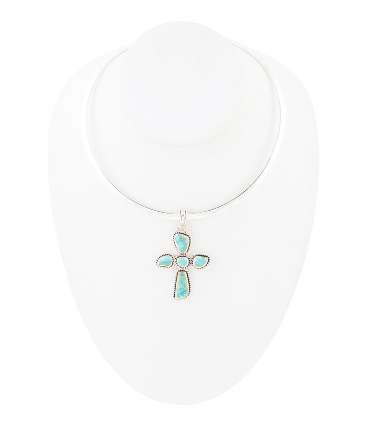Sterling silver cross pendant necklace with turquoise inlay cross on smooth silver chain
