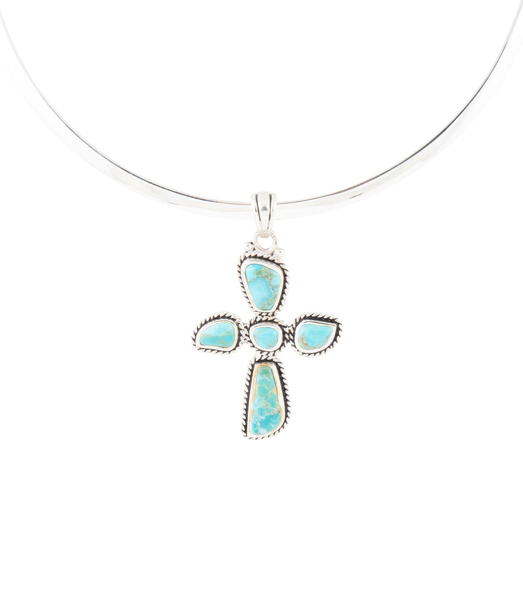 Sterling silver cross pendant necklace with turquoise inlay stones