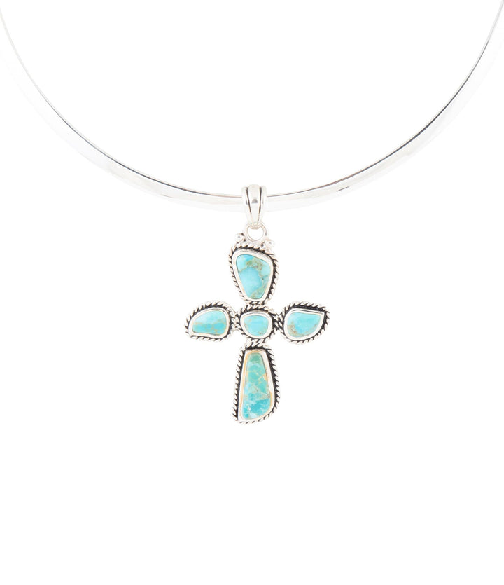 Sterling silver cross pendant necklace with turquoise inlay stones