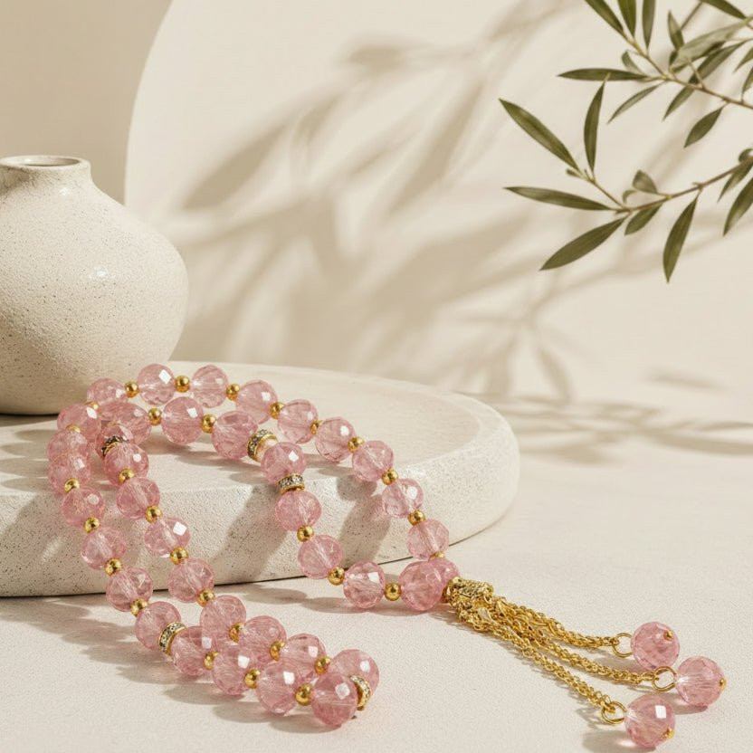 Crystal glass prayer tasbeeh beads, pink faceted beads with gold tassel and chain