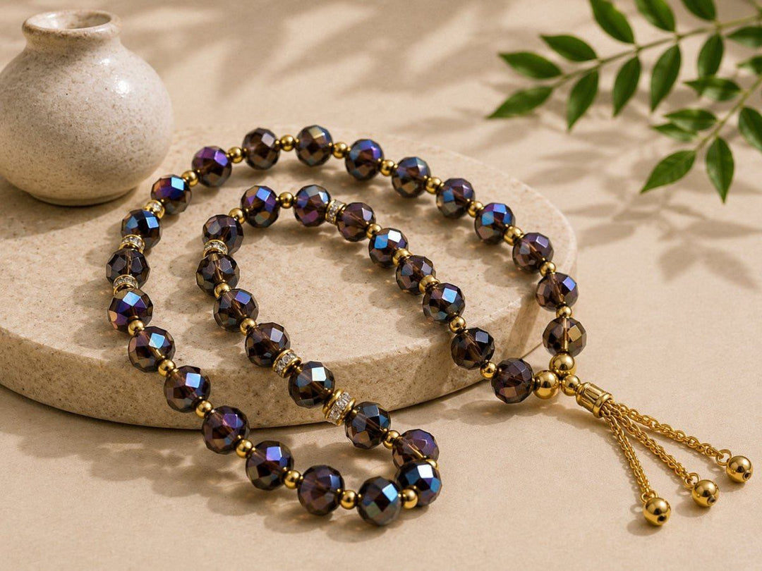Crystal glass Muslim prayer tasbeeh with dark blue-purple faceted beads and gold tassel